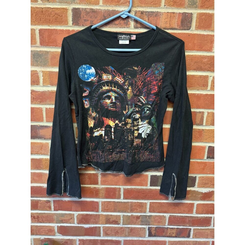 Y2K Statue of Liberty NYC Graphic Flare Sleeve Top Black M